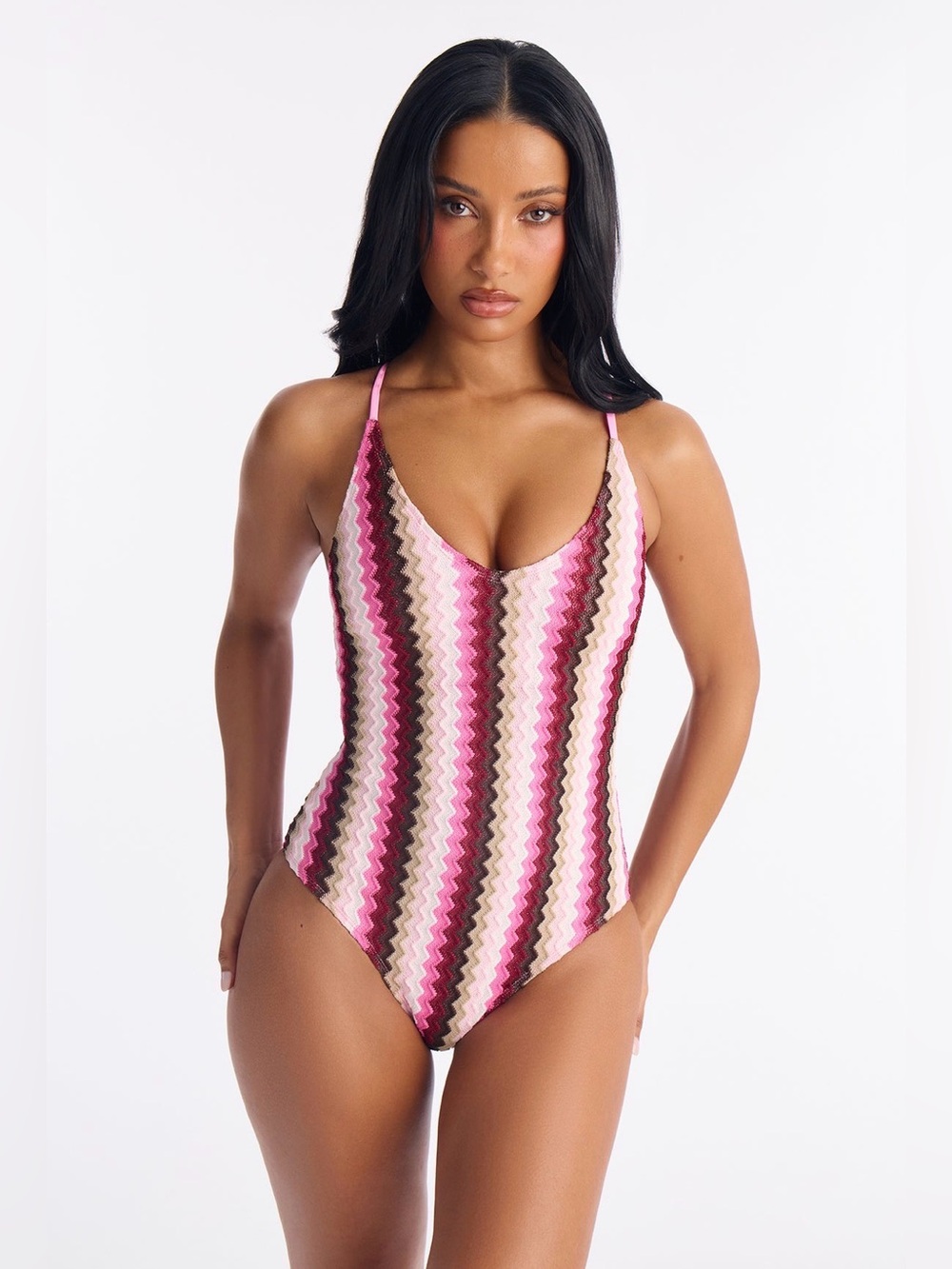 Fashion Nova Crochet Striped Pink/Combo Zigzag One-Piece Swimsuit-Large NWT🩷
